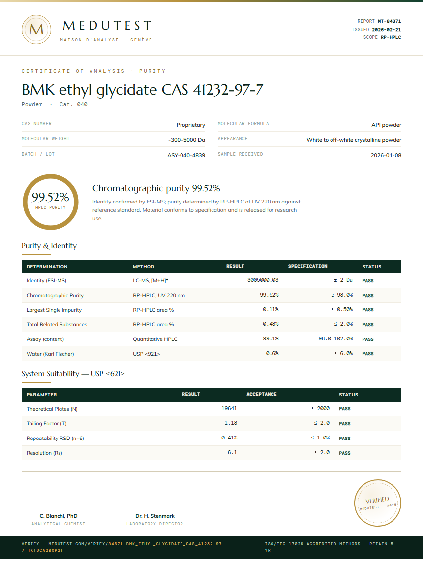 BMK ethyl glycidate CAS 41232-97-7 Purity (HPLC) report by Medutest