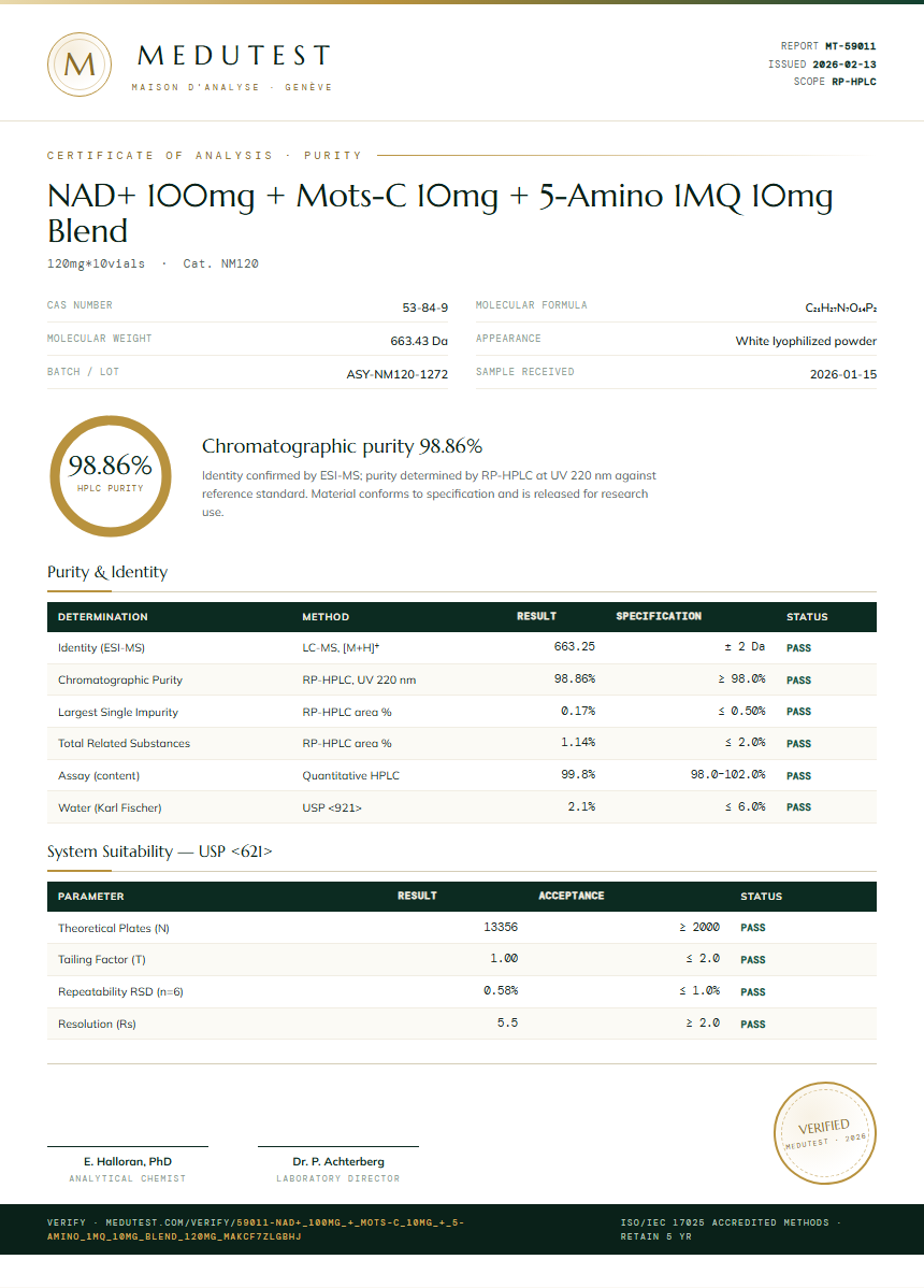 NAD+ 100mg + Mots-C 10mg + 5-Amino 1MQ 10mg Blend Purity (HPLC) report by Medutest