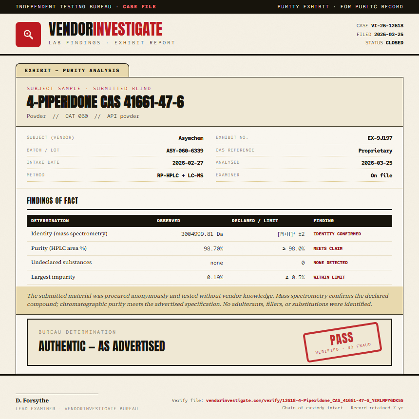 4-Piperidone CAS 41661-47-6 Purity (HPLC) report by VendorInvestigate