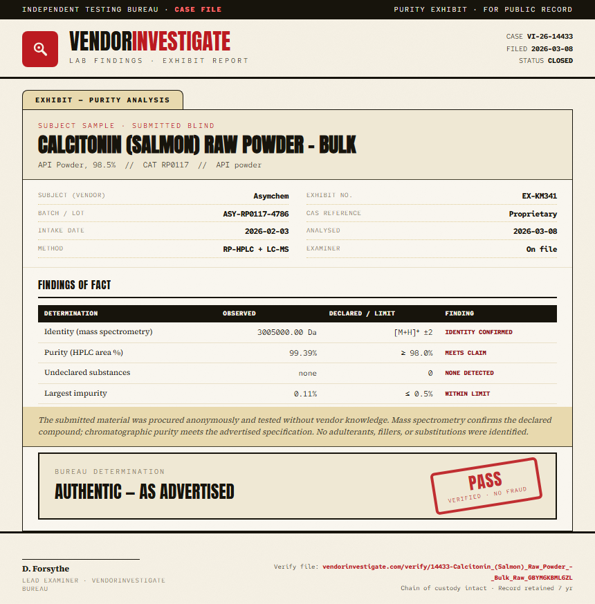 Calcitonin (Salmon) Raw Powder - Bulk Purity (HPLC) report by VendorInvestigate