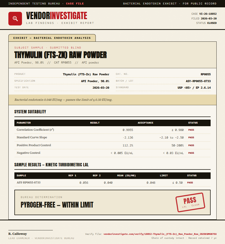 Thymulin (FTS-Zn) Raw Powder Endotoxin report by VendorInvestigate
