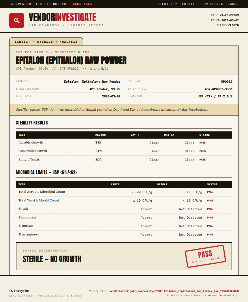 Epitalon (Epithalon) Raw Powder Sterility report by VendorInvestigate